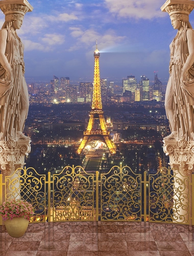 Париж, эйфелева башня, статуя, ночь, ночной город, балкон, огни,  город, дома, небоскреб, синие, бежевые, желтые