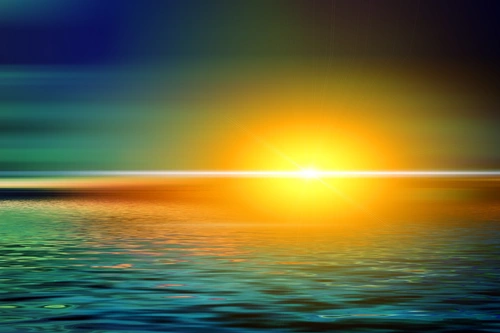 небо, океан, солнце, закат, горизонт, жёлтые, синии