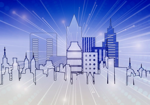 город, здания, дома, небоскрёбы, небо, голубые, белые