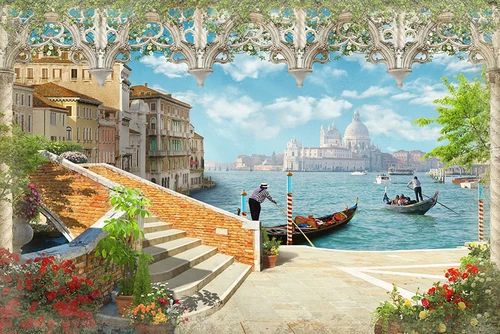 Венеция, Италия, лодка, вода, река, дома, голубые, бежевые, зеленые