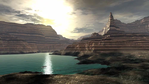 пейзаж, 3д, графика, бирюзовые, коричневые, желтые