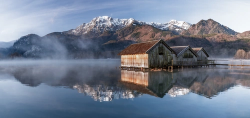 туман, дом, природа, озеро, синие, бежевые, коричневые