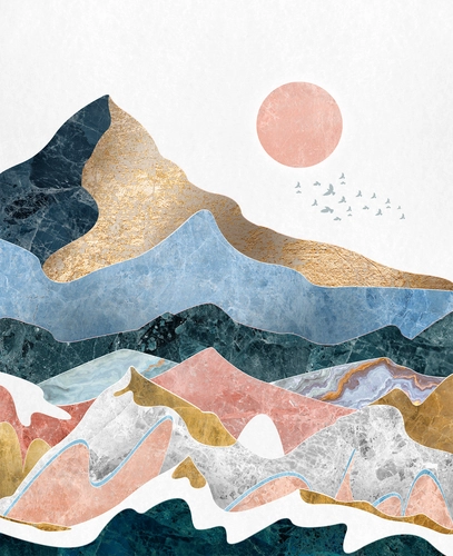 небо, солнце, горы, птицы, холмы, розовые, синие, бежевые