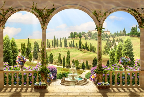 терраса, арки, фонтан, деревья, поле, небо, цветы, зелёные, бежевые