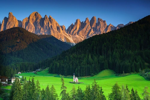 деревья, холмы, горы, церковь, зеленые