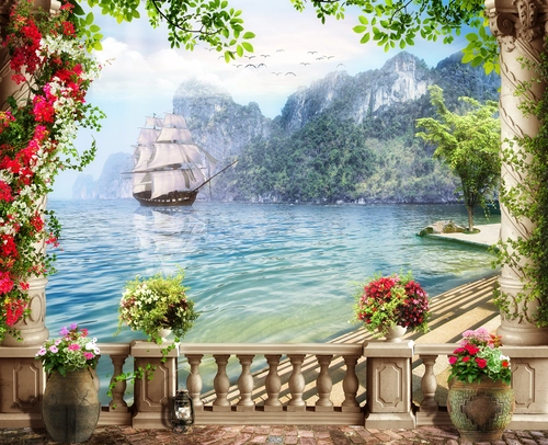 балкон, колонны, горы, море, корабль, деревья, голубые