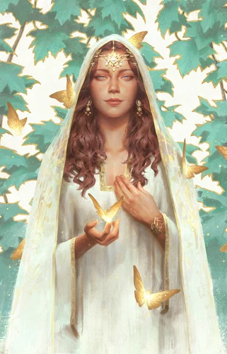 девушка, бабочки, листья, белые, зелёные, жёлтые