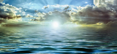 небо, облака, море, волны, солнце, голубые