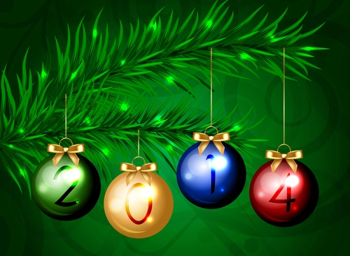 ветвь, шары, праздник, новый год, зеленые, желтые, красные