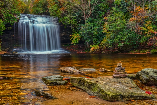 река, лес, осень, камни, коричневые, белые, желтые
