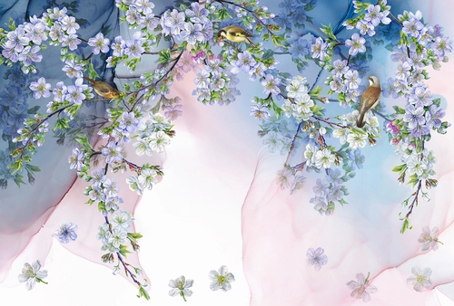 растение, цветы, сакура, птицы, ветки, голубые, розовые