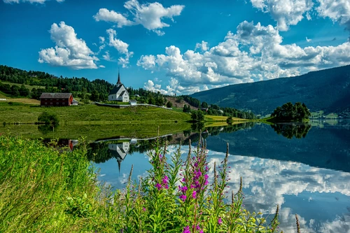 озеро, церковь, природа, облака, синие, белые, зеленые