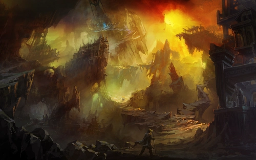 скалы, фантастика, коричневые, желтые, рисованные, черные