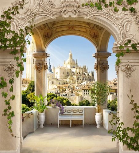 балкон, колонны, арка, растения, дома, город, бежевые