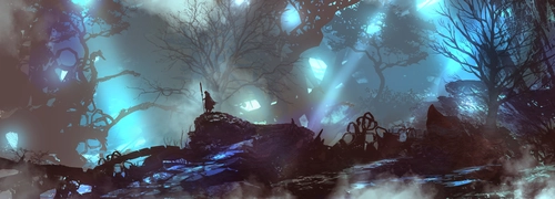 лес, арт, фантастика, деревья, синие, зеленые, серые, черные