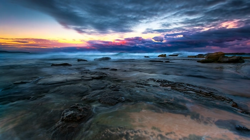 вода, океан, камни, тучи, розовые, синие