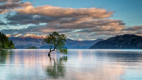 небо, облака, горы, озеро, вода, дерево, лес, серые, голубые, зелёные