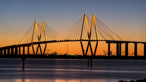 мост, река, закат, вечер, синие, оранжевые