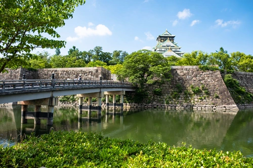 замок, река, япония, серые, зеленые, белые