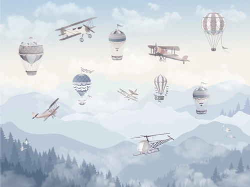 лес, самолет, шары, природа, HD, детские, голубые, серые, белые