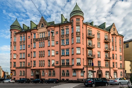 дом, здание, город, финляндия, розовые, голубые