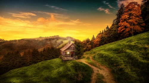 холм, дом, лес, природа, желтые, зеленые