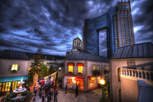 вечер, город, дом, небоскреб, желтые, япония, синие