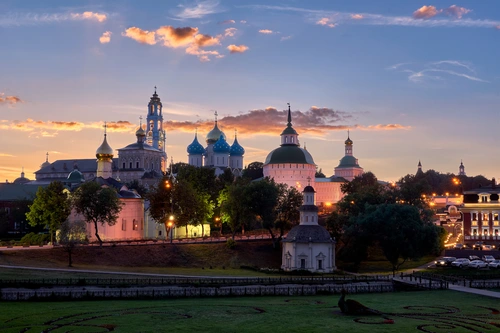 вечер, церковь, закат, храм, синие, желтые, зеленые