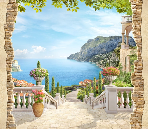 море, гора, горы, лестница, цветы, ступени, замок, бежевые, голубые