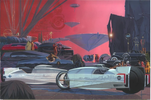 фантастика, арт, город, люди, машины, красные, серые