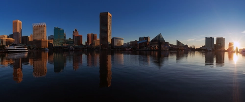 синие, темные, город, отражение, горизонт, панорама