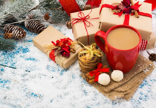печенье, кофе, подарки, снег, белые, красные, коричневые
