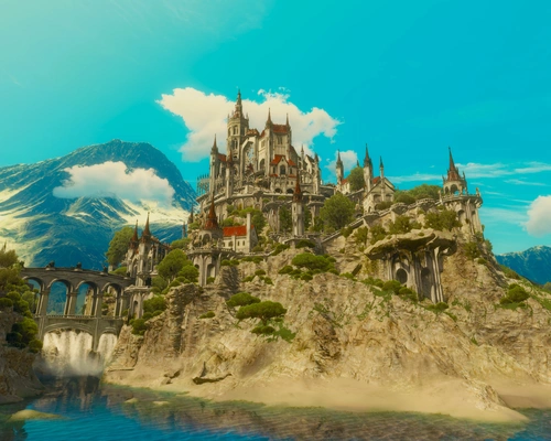 небо, горы, замок, мост, облака, река, голубые, бежевые