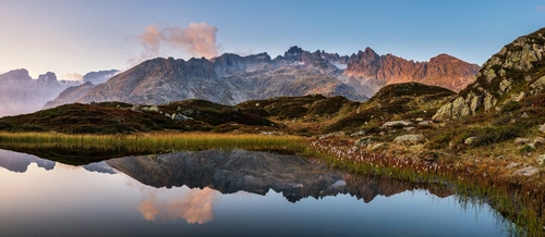 озеро, отражение, горы, природа, желтые, синие, панорама, зеленые