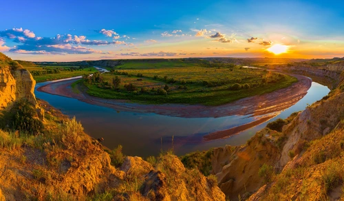 река, природа, закат, поле, зеленые, коричневые