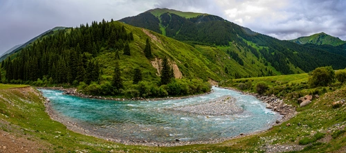 река, горы, природа, панорама, зеленые, черные, серые