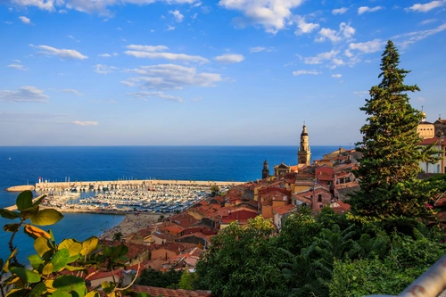 склон, дом, море, франция, зеленые, синие, коричневые, голубые