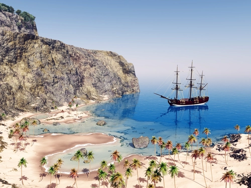 Берег, корабль, камни, скалы, пальмы, синие,бежевые