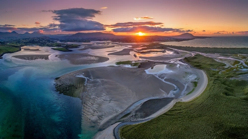 небо, облака, закат, море, песок, трава, серые, зелёные