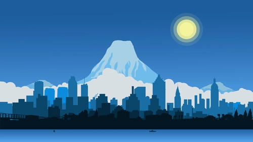 небо, солнце, горы, город, дома, река, синие, белые