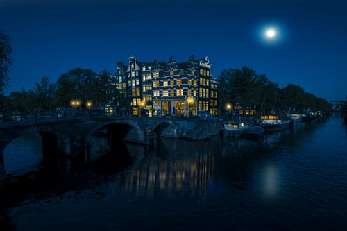 ночь, город, здание, темные, синие, желтые