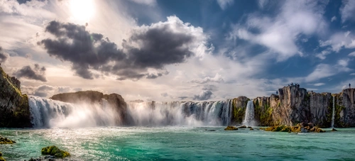 небо, облака, водопад, водоём, камни, голубые, белые