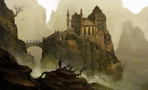 скала, замок, фантастика, рисованные, коричневые, желтые