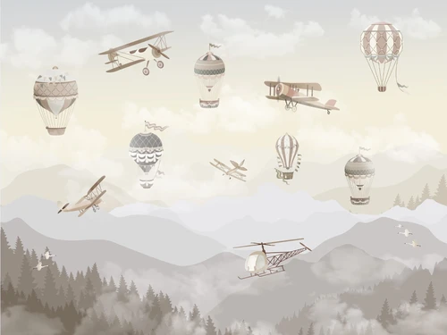 лес, самолет, шары, природа, HD, детские, желтые, серые, белые