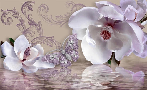 растения, цветы, бабочка, вода, отражение, узоры, бежевые, белые