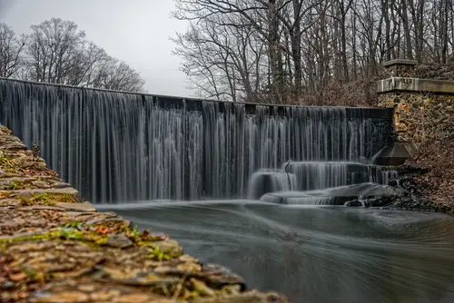 водопад, вода, лес, парк, осень, небо, листья, природа, деревья