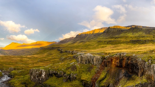 небо, облака, холмы, трава, камни, голубые, зелёные