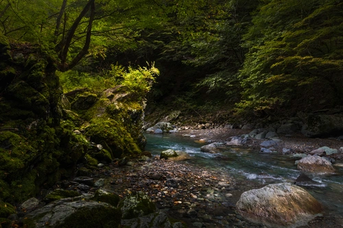 река, горы, камни, природа, япония, серые, черные, зеленые