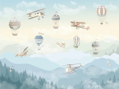 лес, самолет, шары, природа, HD, детские, зеленые, желтые, серые, белые