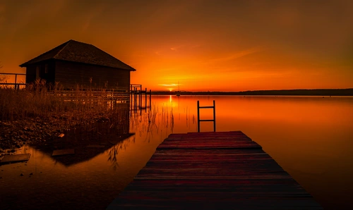 закат, отражение, причал, оранжевые, коричневые